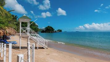 On the beach, sun-loungers, beach umbrellas