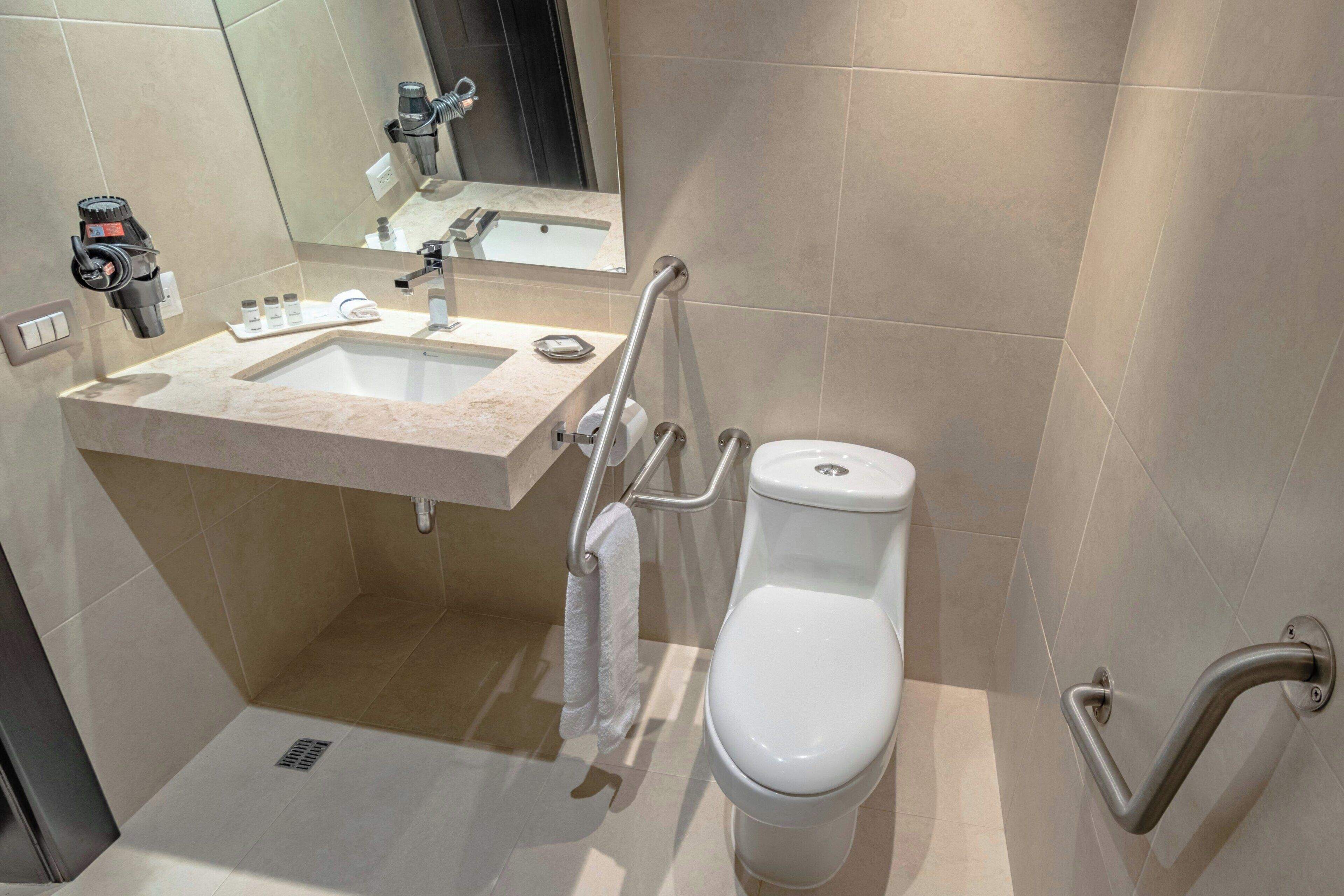 Et moderne badeværelse med vask, toilet og gelændere.