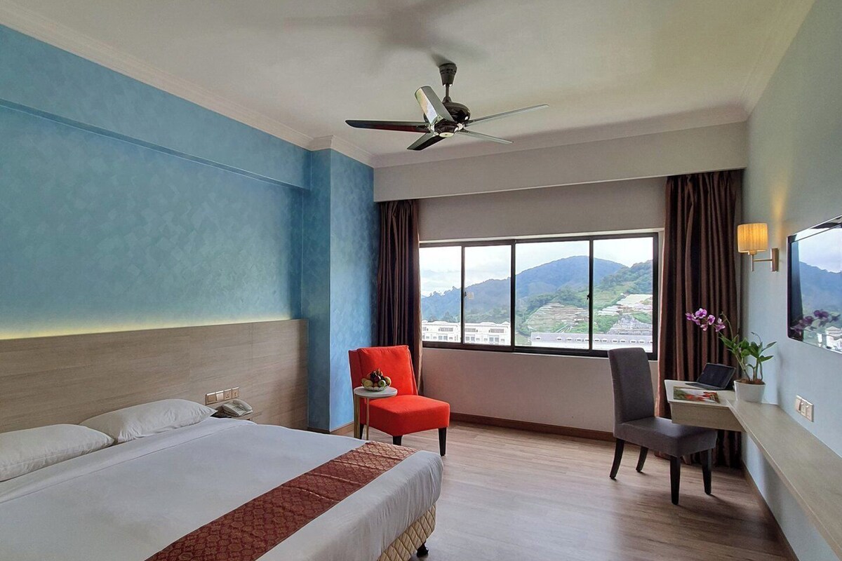 Habitación de hotel con cama, escritorio, silla, ventilador de techo y un ventanal con vistas a montañas.
