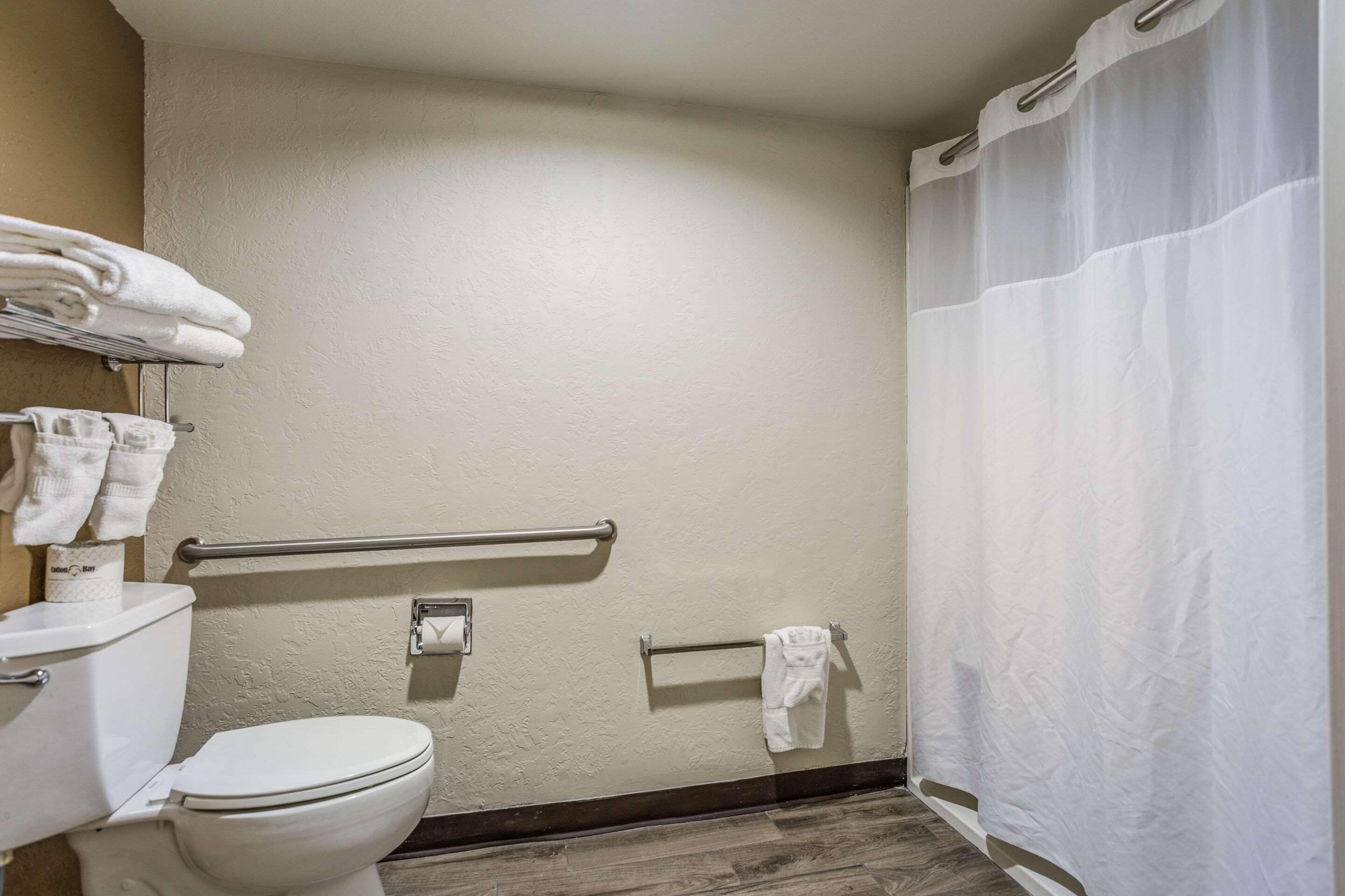 A bathroom with a toilet, a towel rack, a handrail, and a shower curtain.