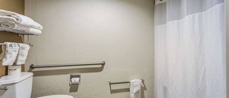 A bathroom with a toilet, a towel rack, a handrail, and a shower curtain.