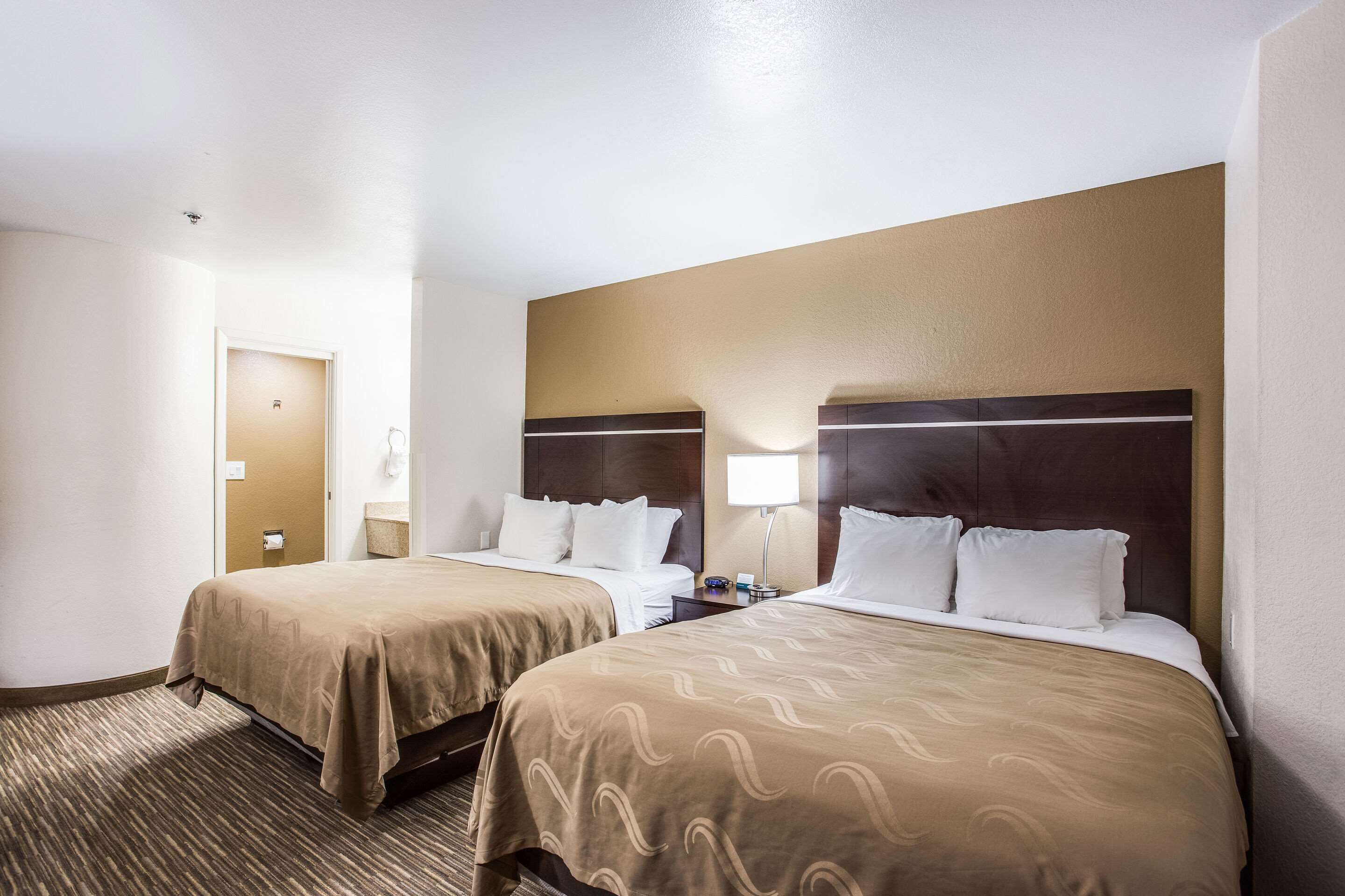 A hotel room with two beds, a bedside table with a lamp, and a door.