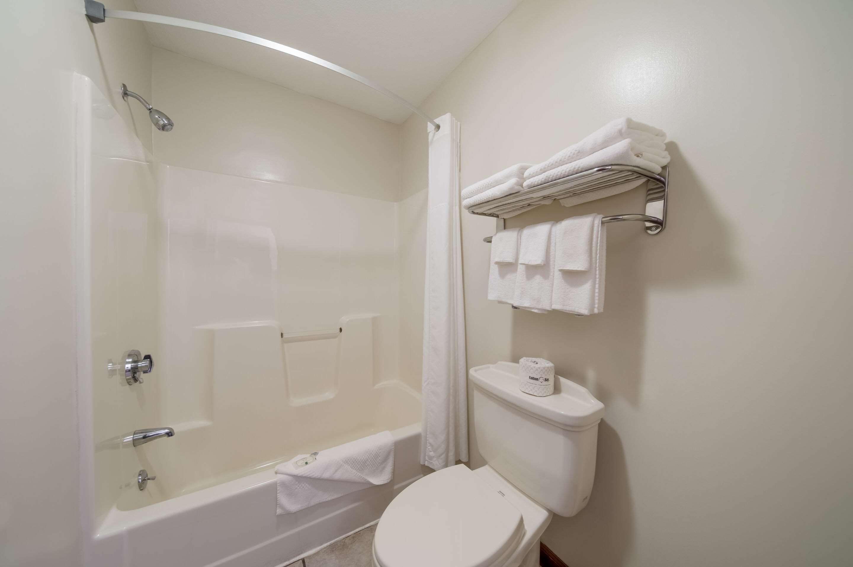 Een badkamer met een bad, toilet en handdoekhouder.