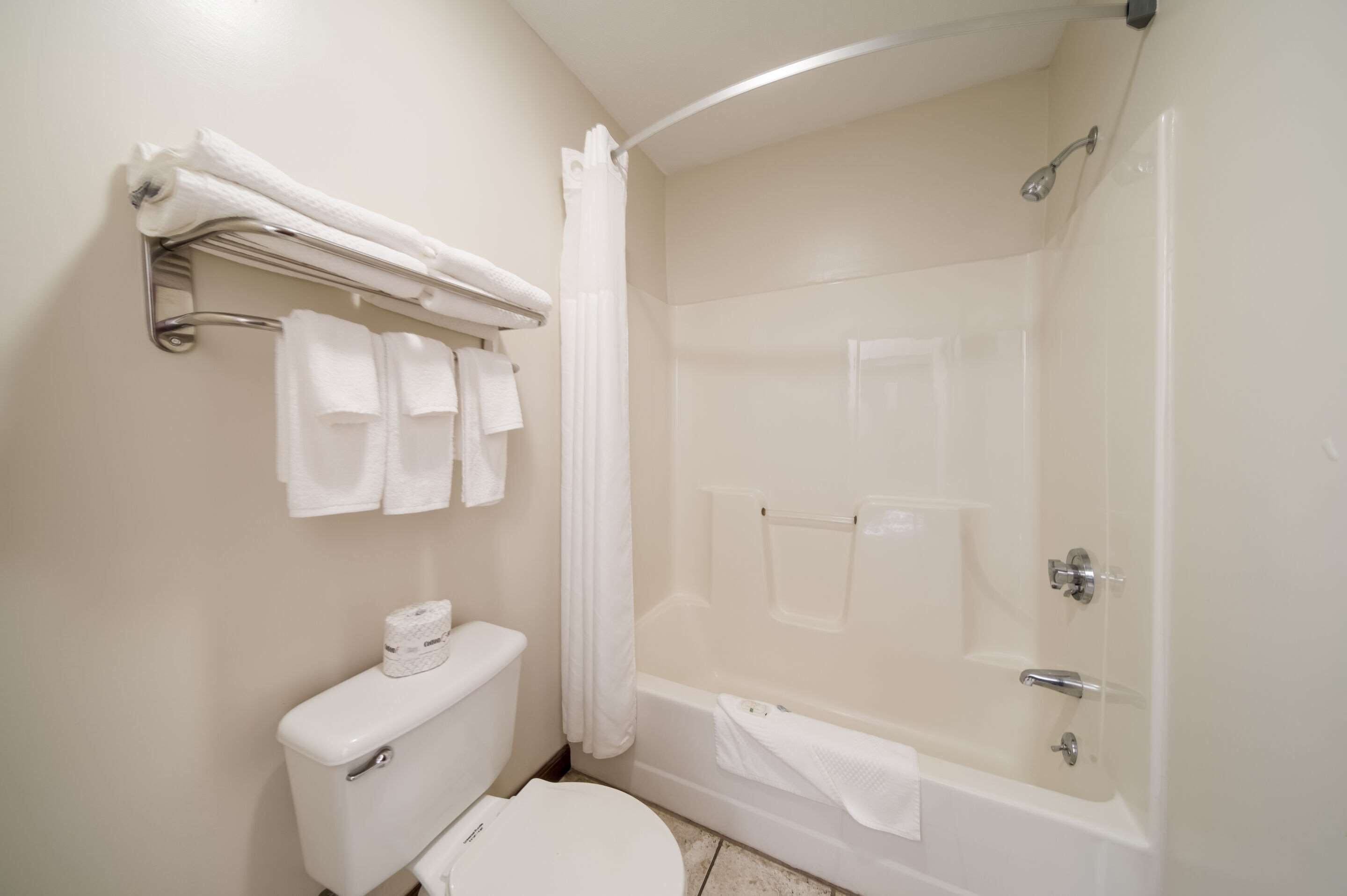 Une salle de bain équipée de toilettes, d’une douche et d’un porte-serviettes avec plusieurs serviettes.