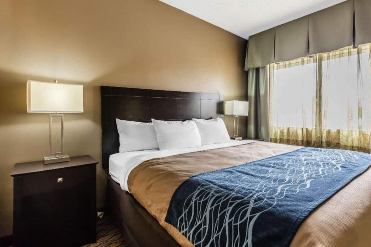 A hotel room with a bed, two bedside lamps, a nightstand, and a window with curtains.