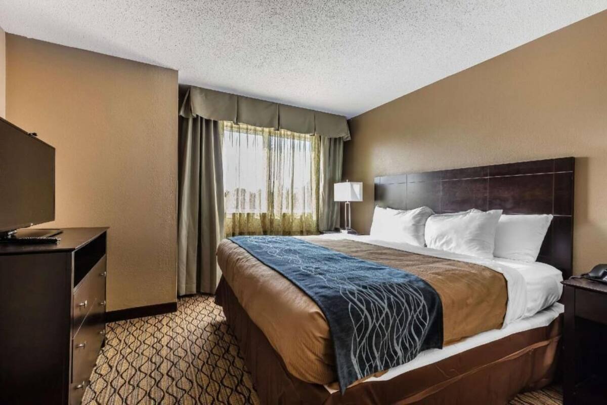 A hotel room with a large bed, a desk, a lamp, and a view of the city through the window.
