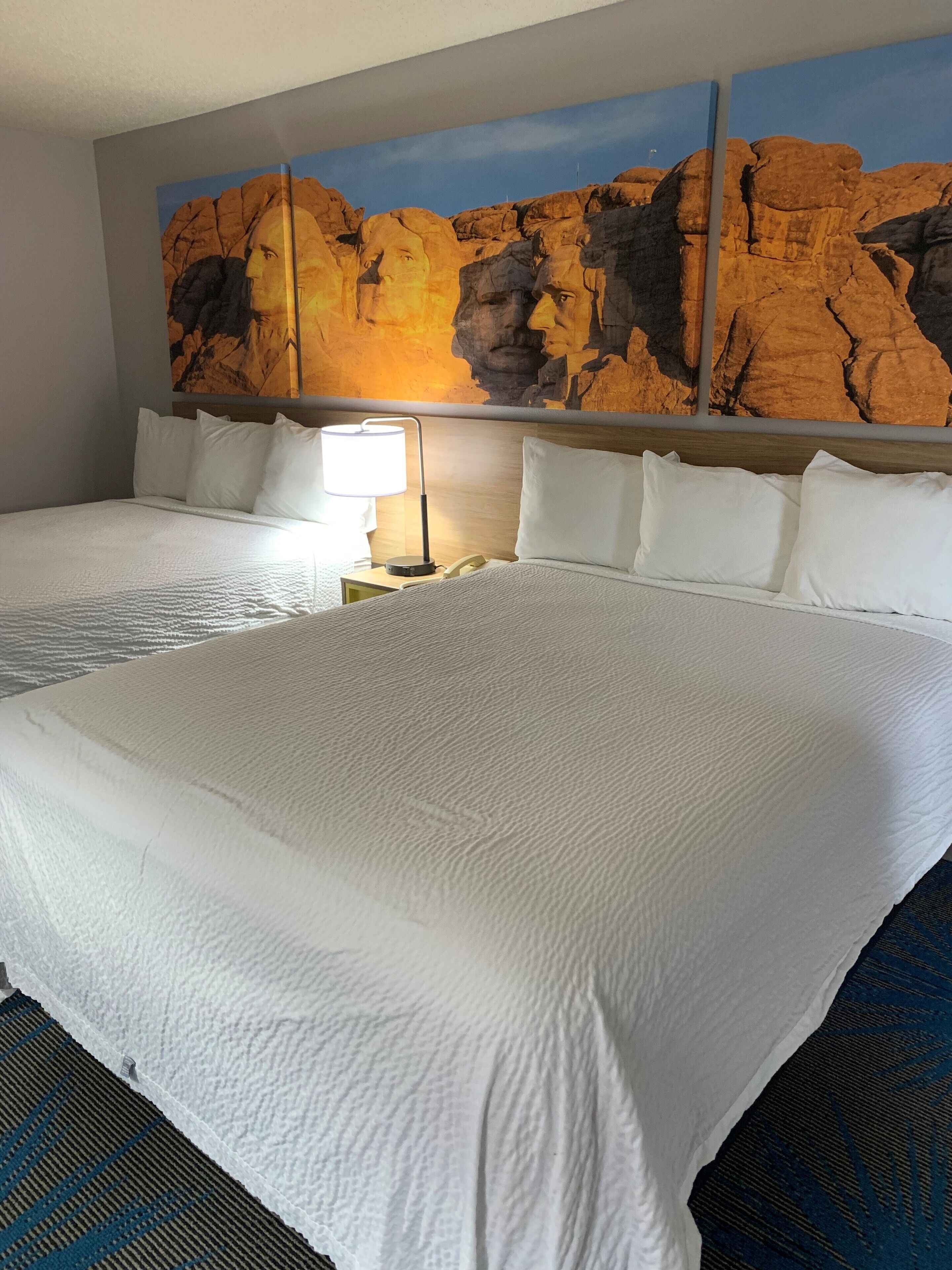 A hotel room with a large bed, a nightstand with a lamp, and a painting of rock formations on the wall.