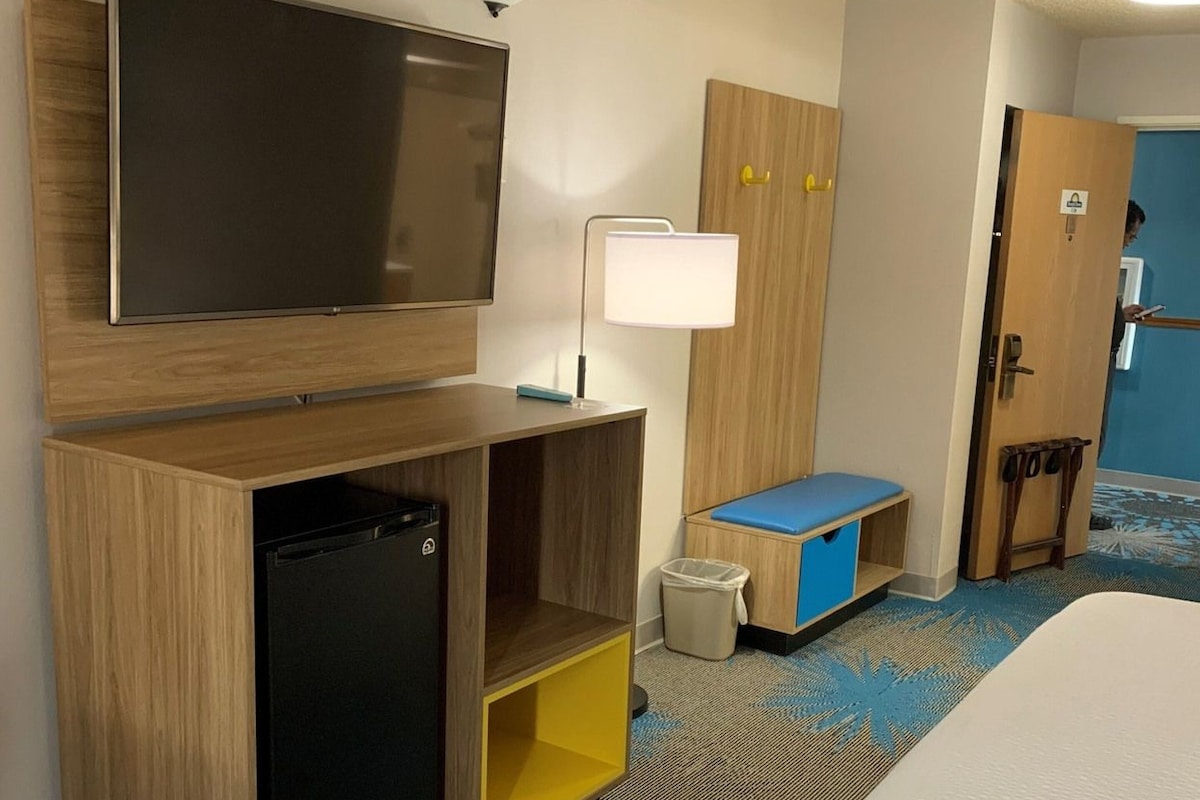 A hotel room with a bed, a television, a desk with a lamp, a mini-fridge, a trash bin, and a wardrobe.