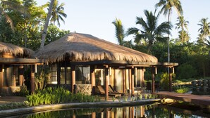 A resort with thatched-roof buildings, a reflecting pool, and palm trees. - Coconuts Beach Club Resort & Spa (Maninoa)