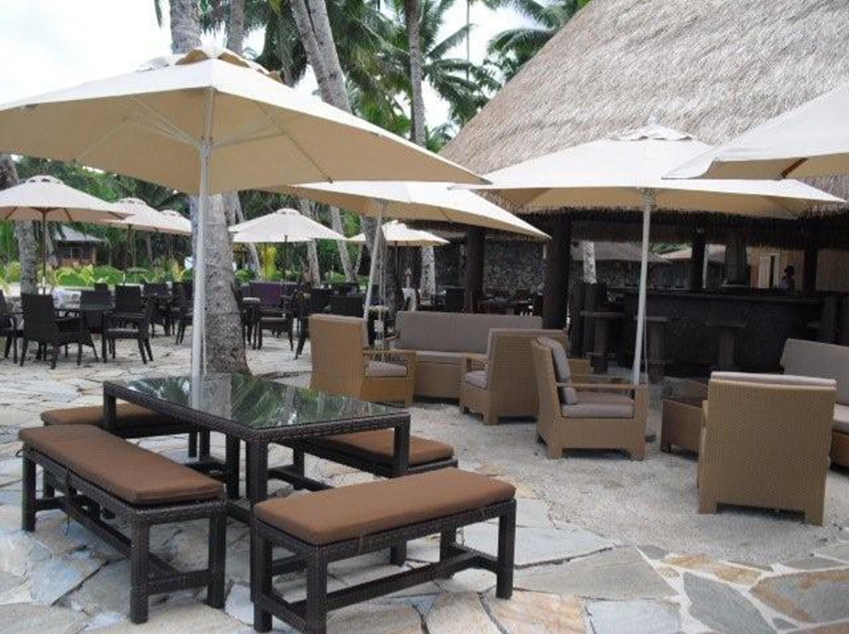 An outdoor seating area with tables and chairs under umbrellas, surrounded by palm trees.