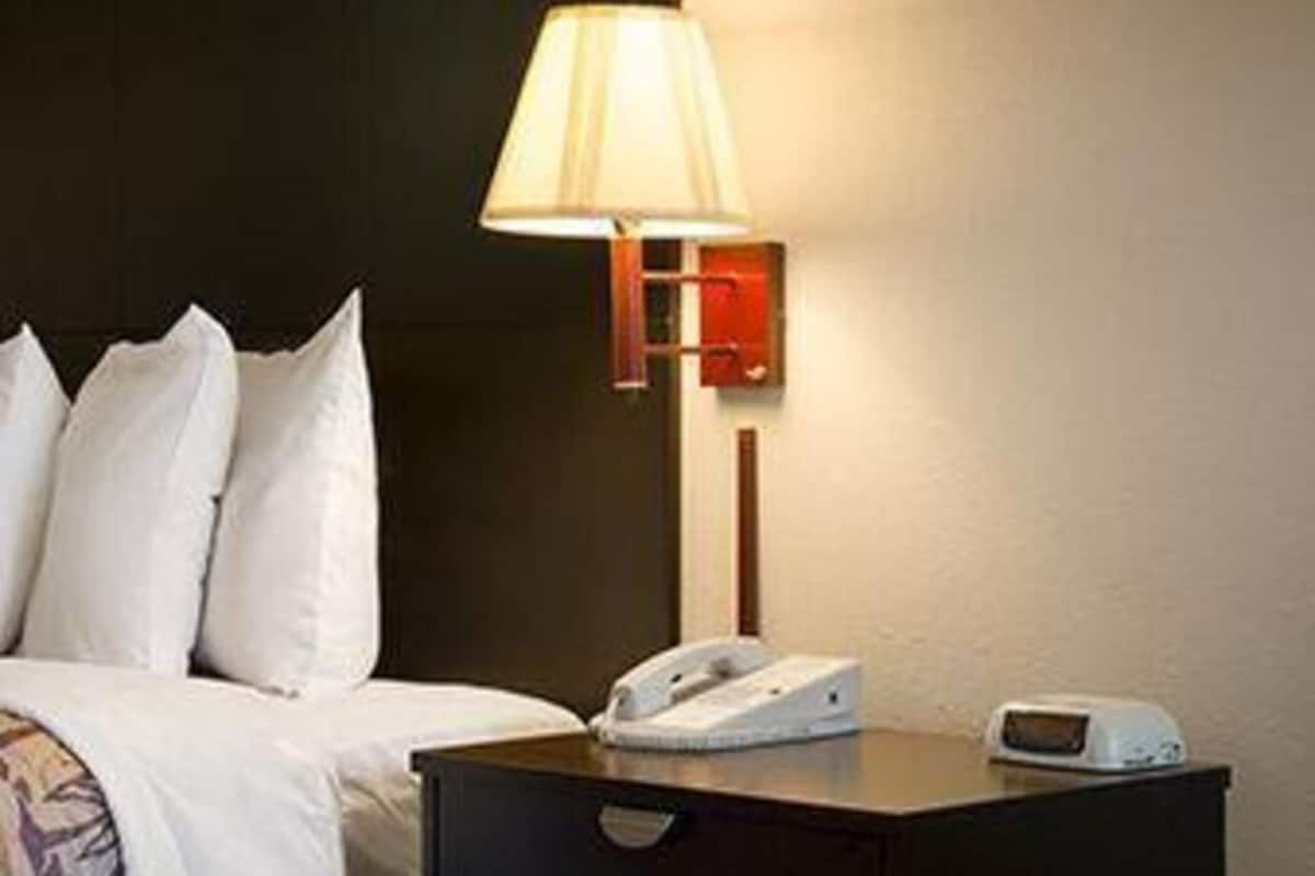 A hotel room with a bed, a nightstand with a lamp, a telephone, and a digital clock.