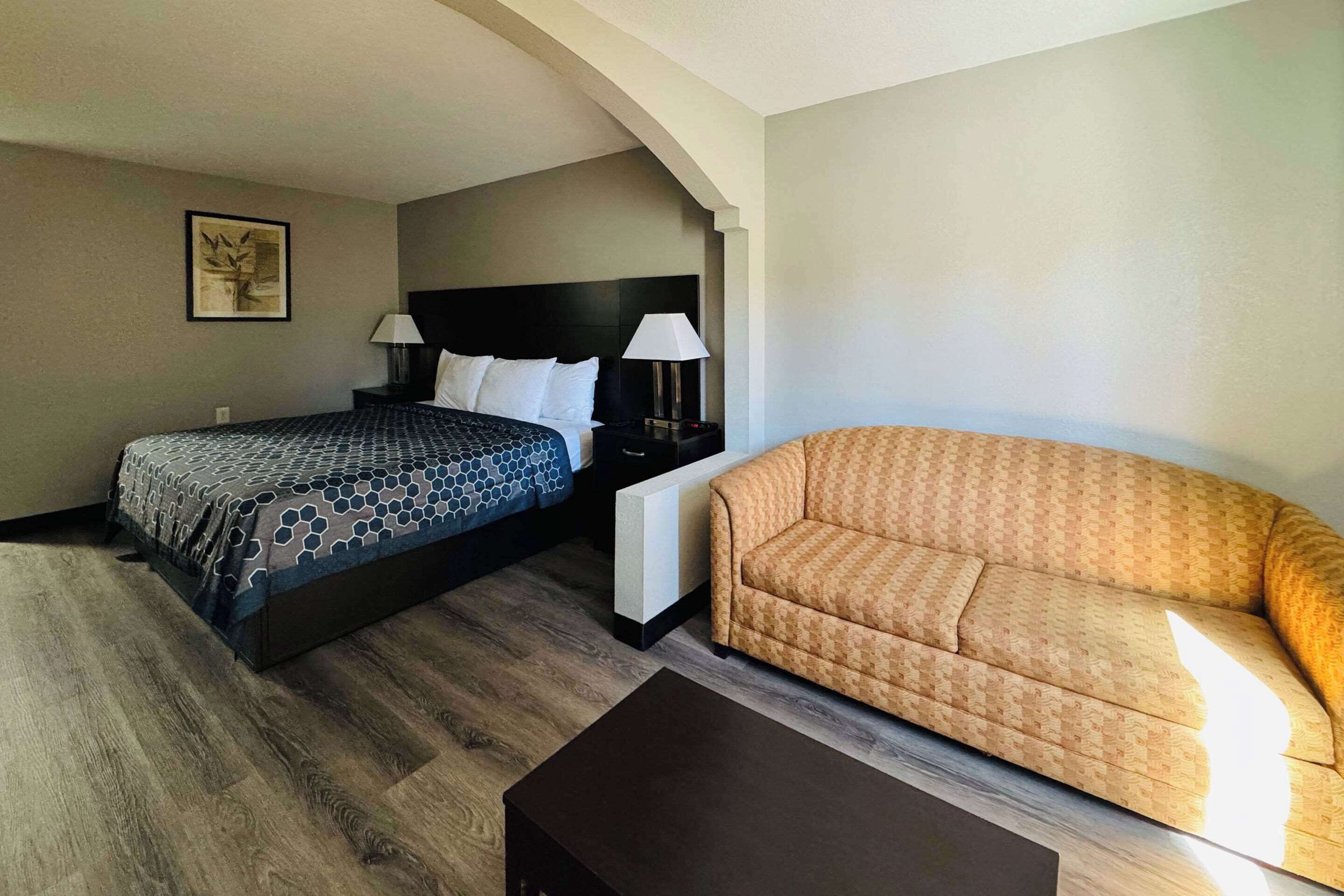 A hotel room with a bed, a sofa, a nightstand with lamps, a framed picture on the wall, and a wooden floor.