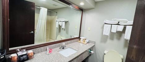 A bathroom with a granite countertop, a sink, a toilet, and a large mirror.