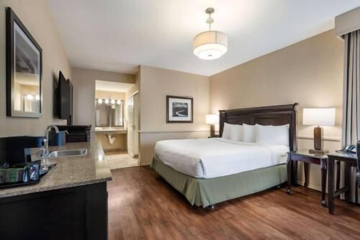 Una habitación de hotel con cama, escritorio, espejo y una lámpara en el techo.