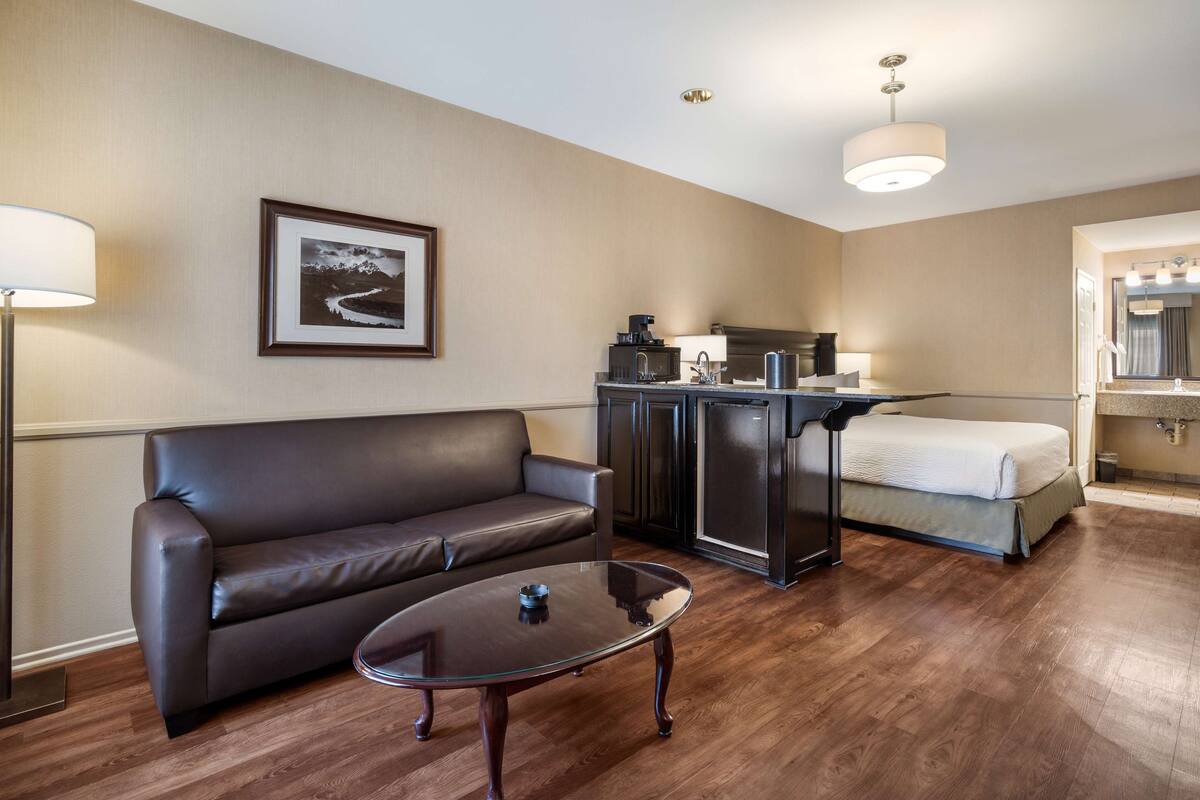 Una habitación de hotel moderna con un sofá de cuero, una mesa de centro de vidrio, una kitchenette y una cama.