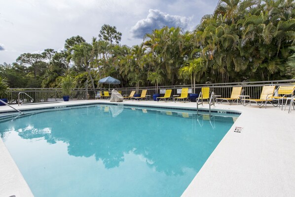 Una piscina con sillas de descanso amarillas y palmeras al fondo.