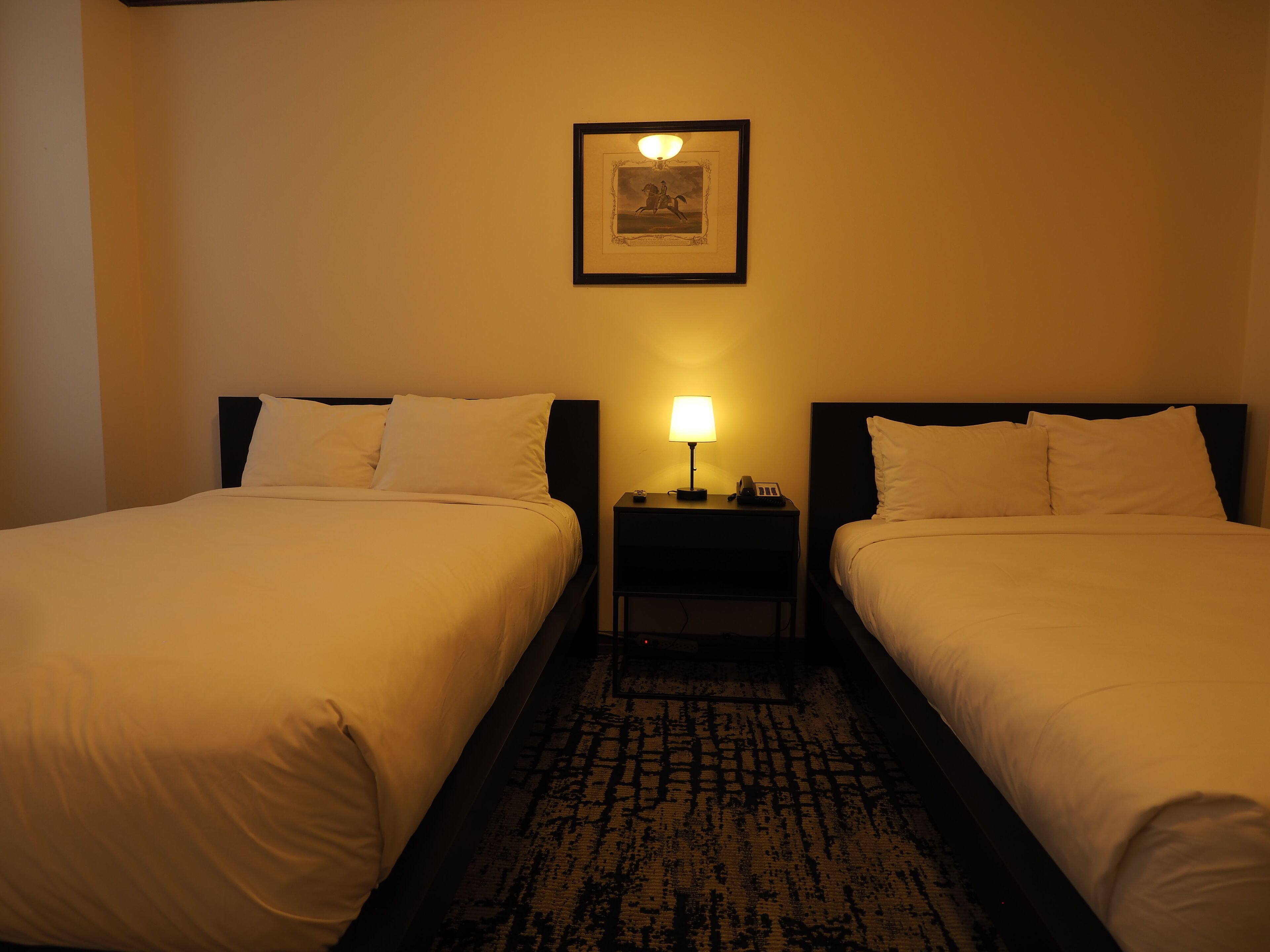 Habitación de hotel con dos camas, una mesita de noche con lámpara y un cuadro enmarcado en la pared.