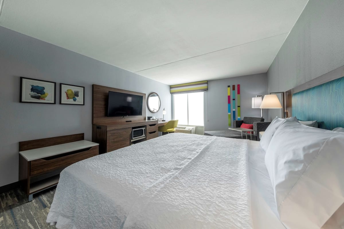 A hotel room with a large bed, a desk, a TV, a chair, and artwork on the wall.