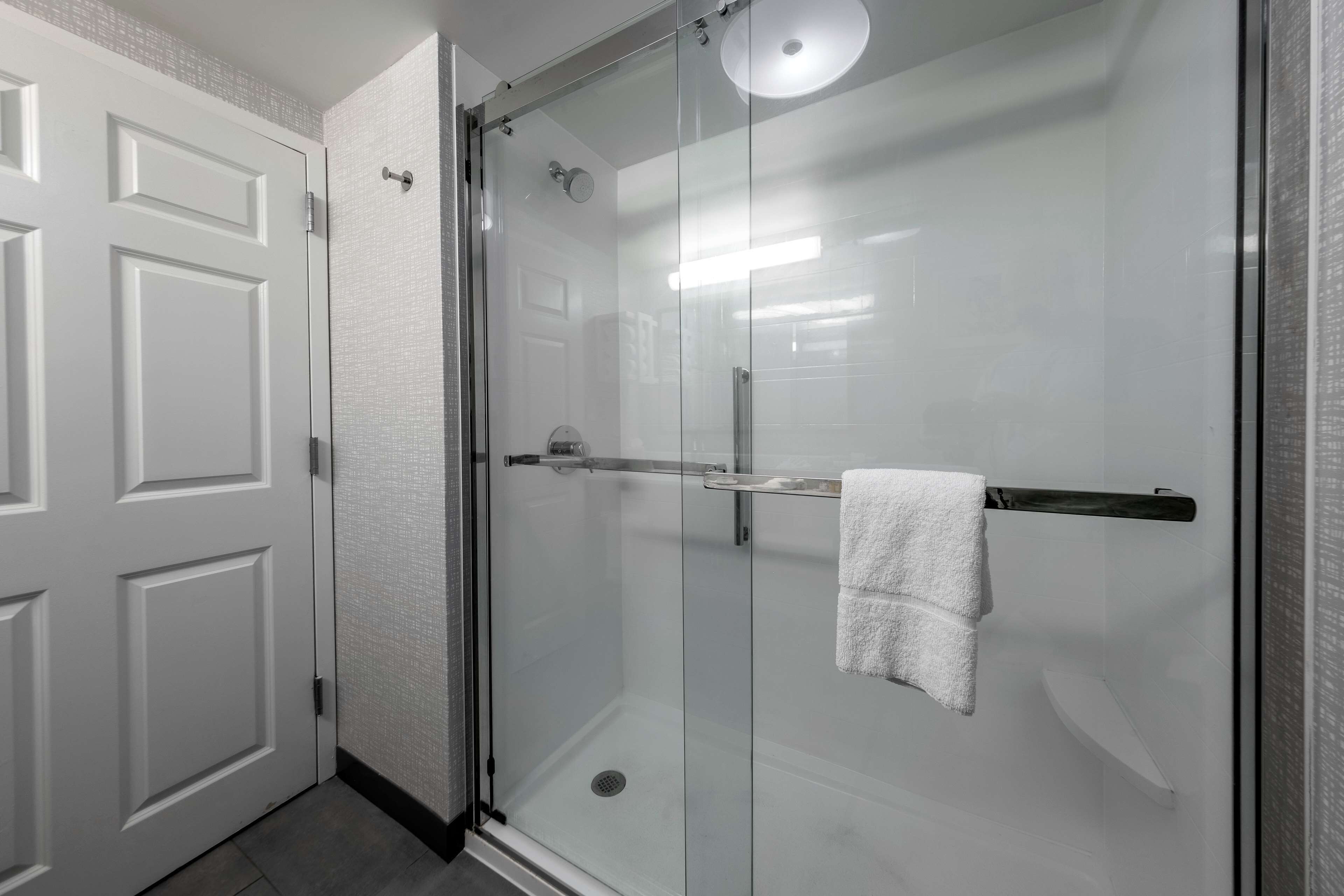 A glass-enclosed shower with a towel rack and a door to the left.