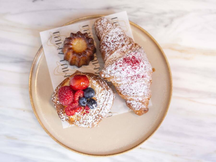 A plate with pastries and a small tart, both dusted with powdered sugar.
