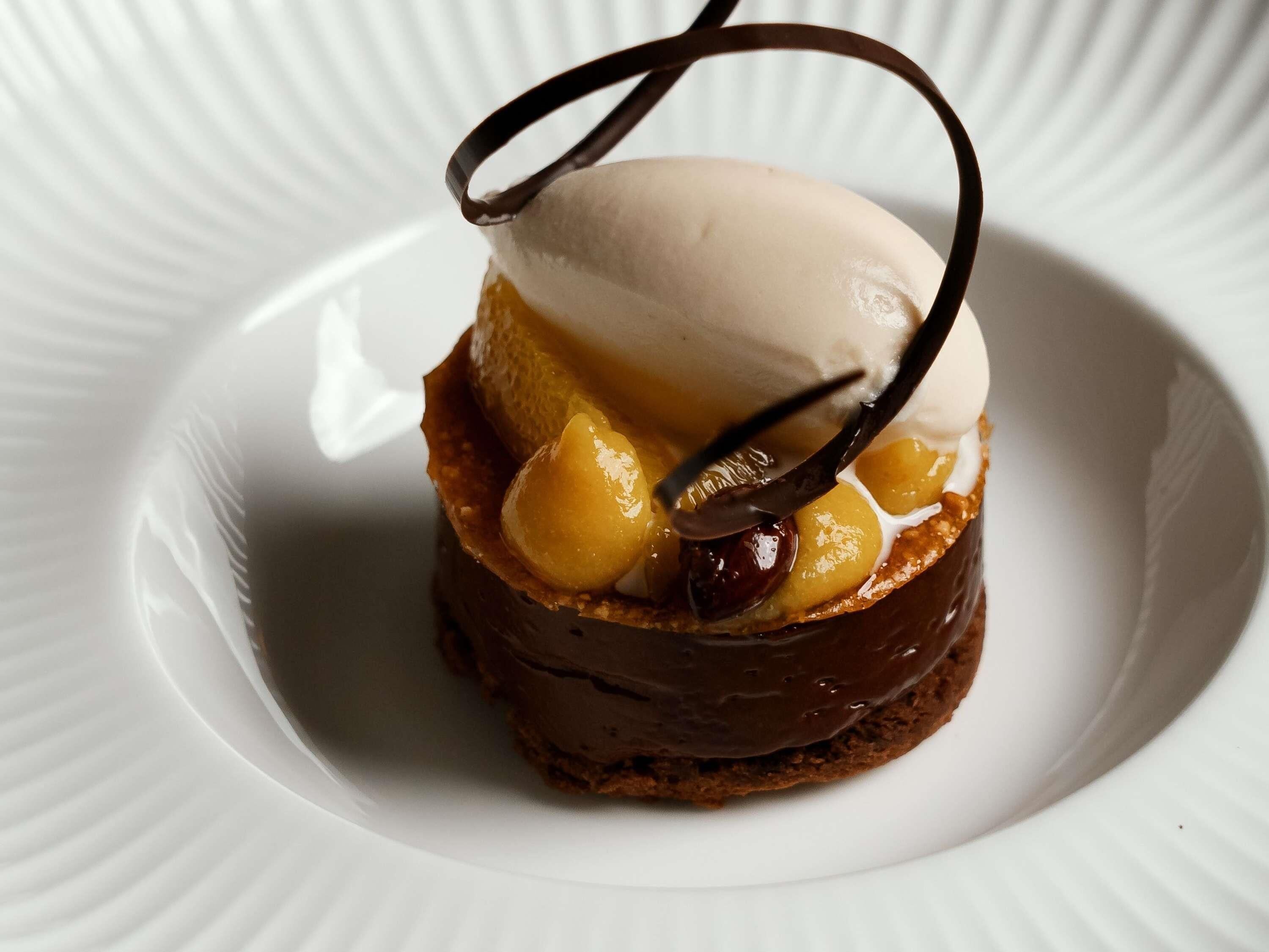A dessert on a white plate.