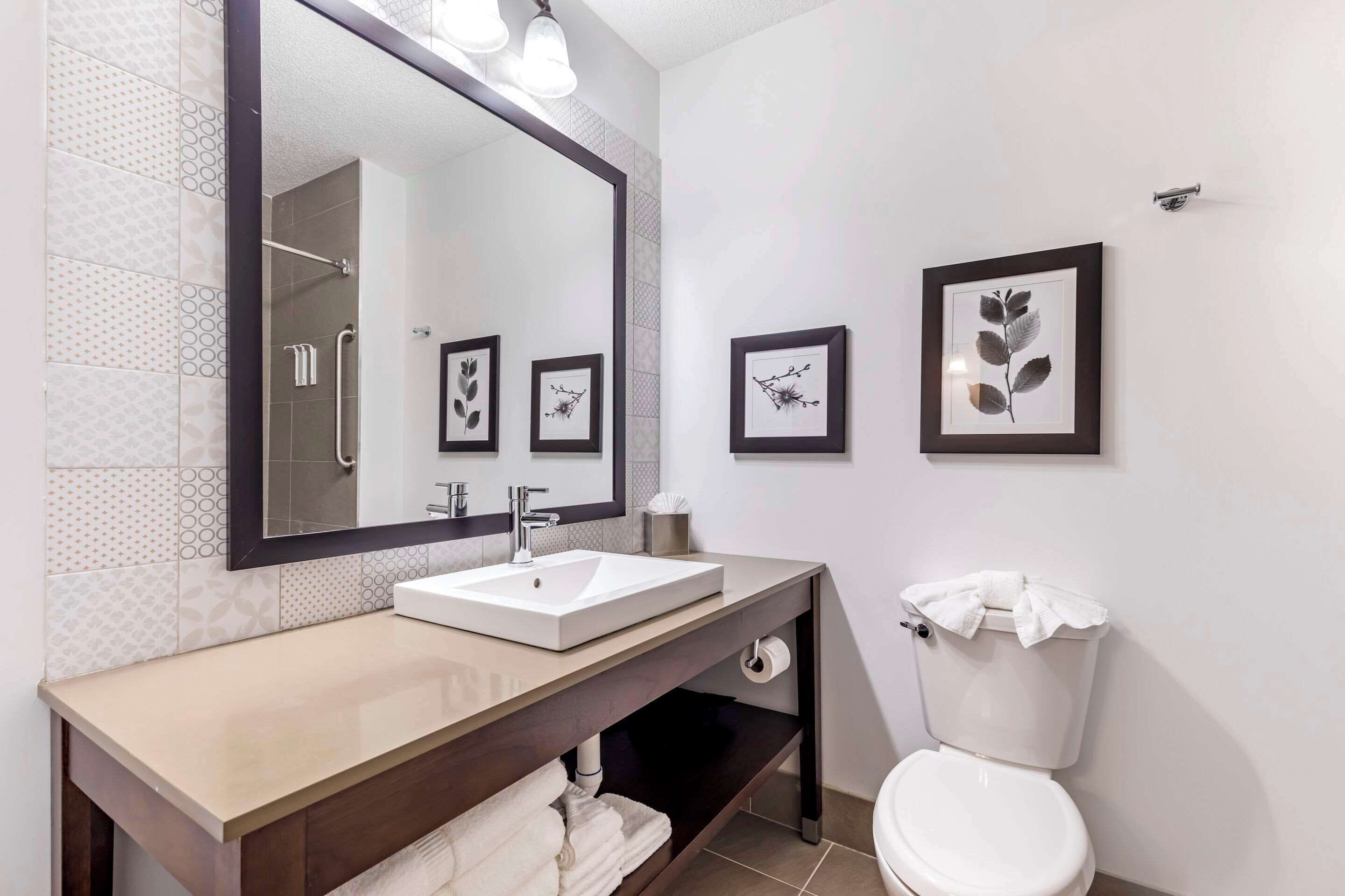 A modern bathroom with a large mirror, a white sink, a toilet, and framed botanical prints on the wall.