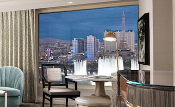 Hotel room view looking out at Bellagio