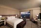 A hotel room with a large bed, a seating area, a TV, and a view of the cityscape.