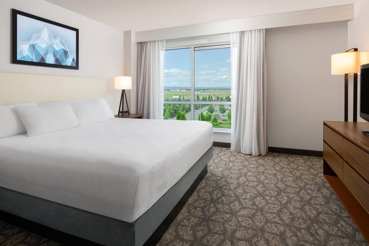 Habitación de hotel con cama, televisor, ventana con cortinas y un cuadro en la pared.