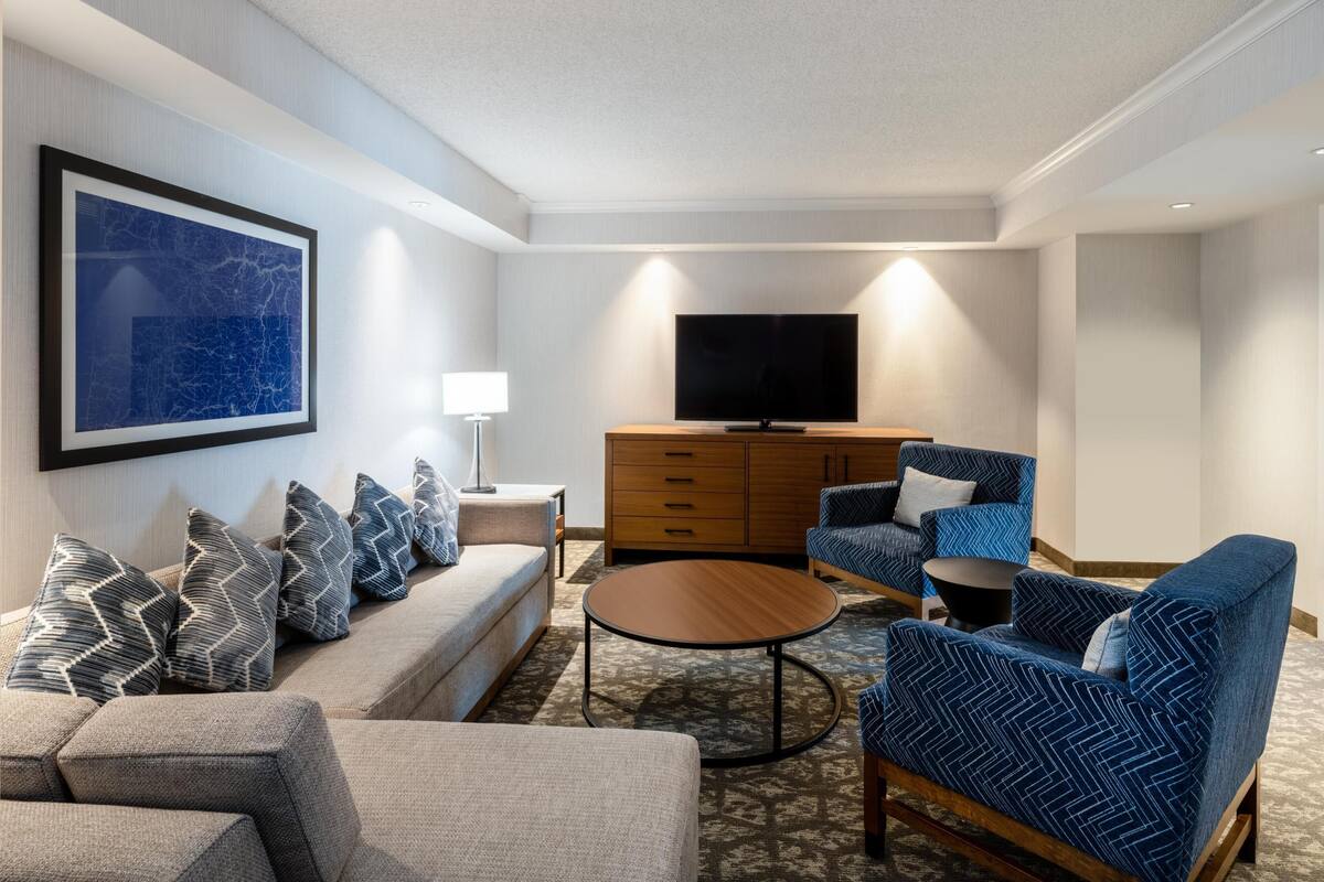 Una habitación de hotel moderna con un conjunto de sofás, una mesa de centro, un televisor y un armario.