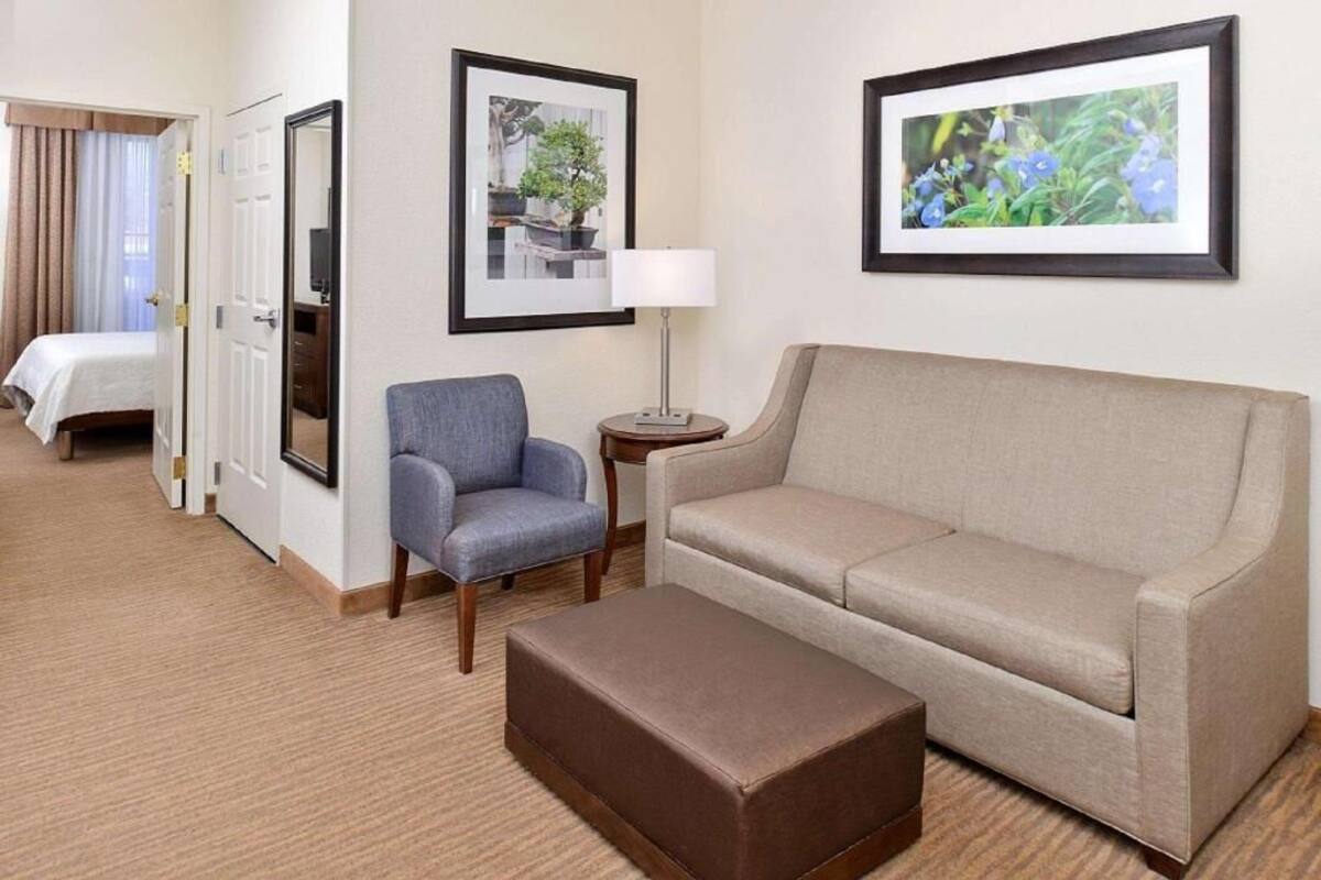 Una habitación de hotel con una cama, un sillón azul, un sofá beige, una mesita con una lámpara y cuadros en la pared.