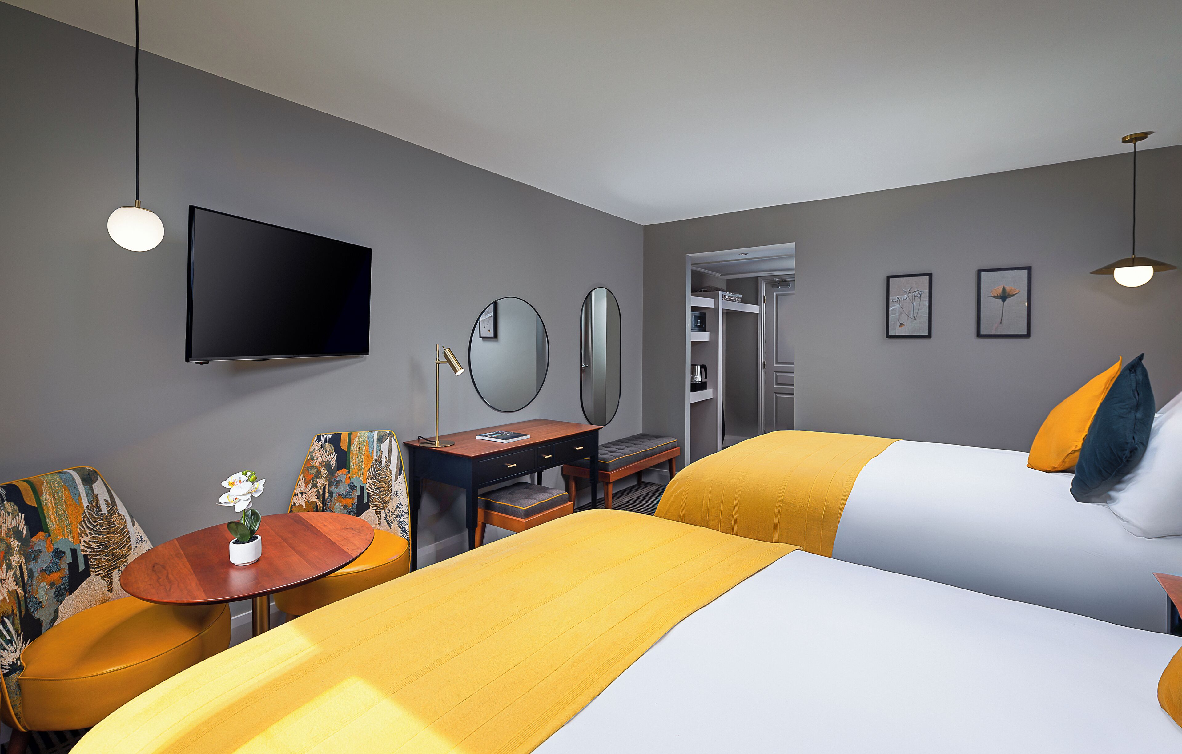 Premium bedding, desk, laptop workspace, free WiFi