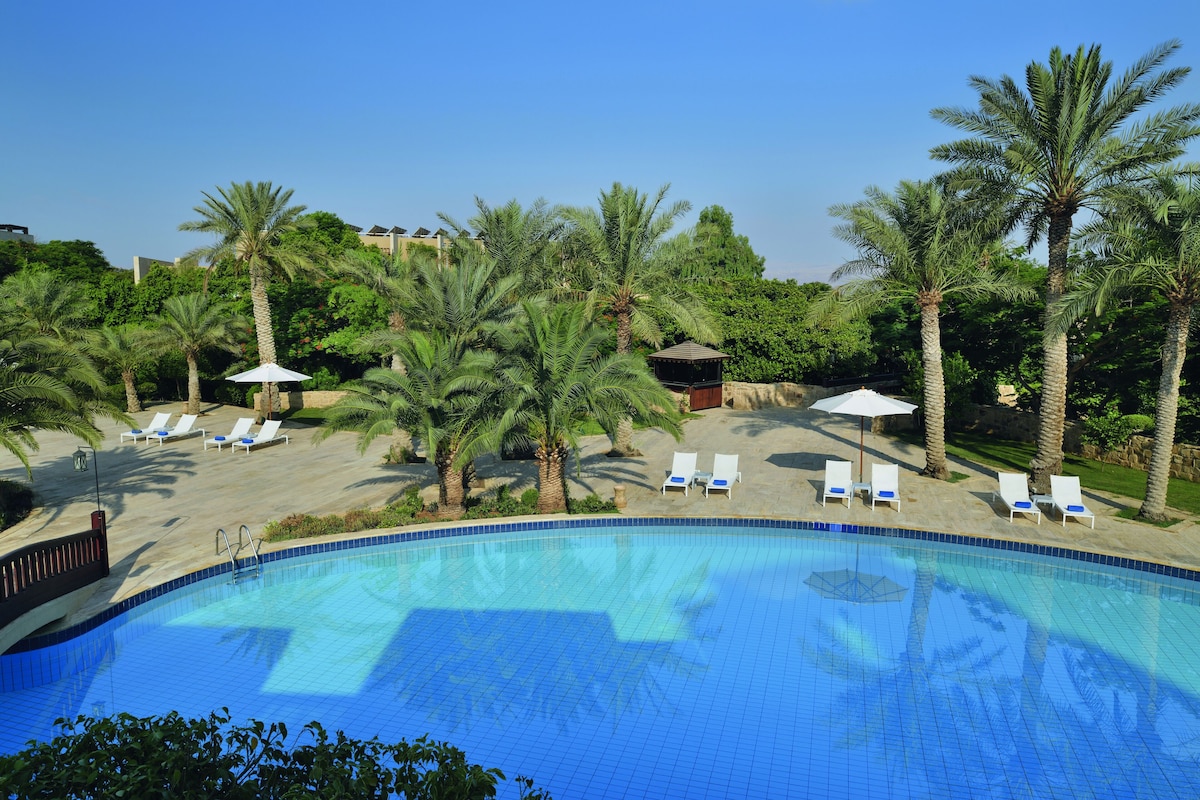 A swimming pool with lounge chairs and umbrellas, surrounded by palm trees and greenery.