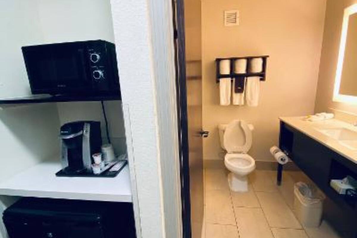 A compact bathroom with a toilet, sink, and a small coffee machine.
