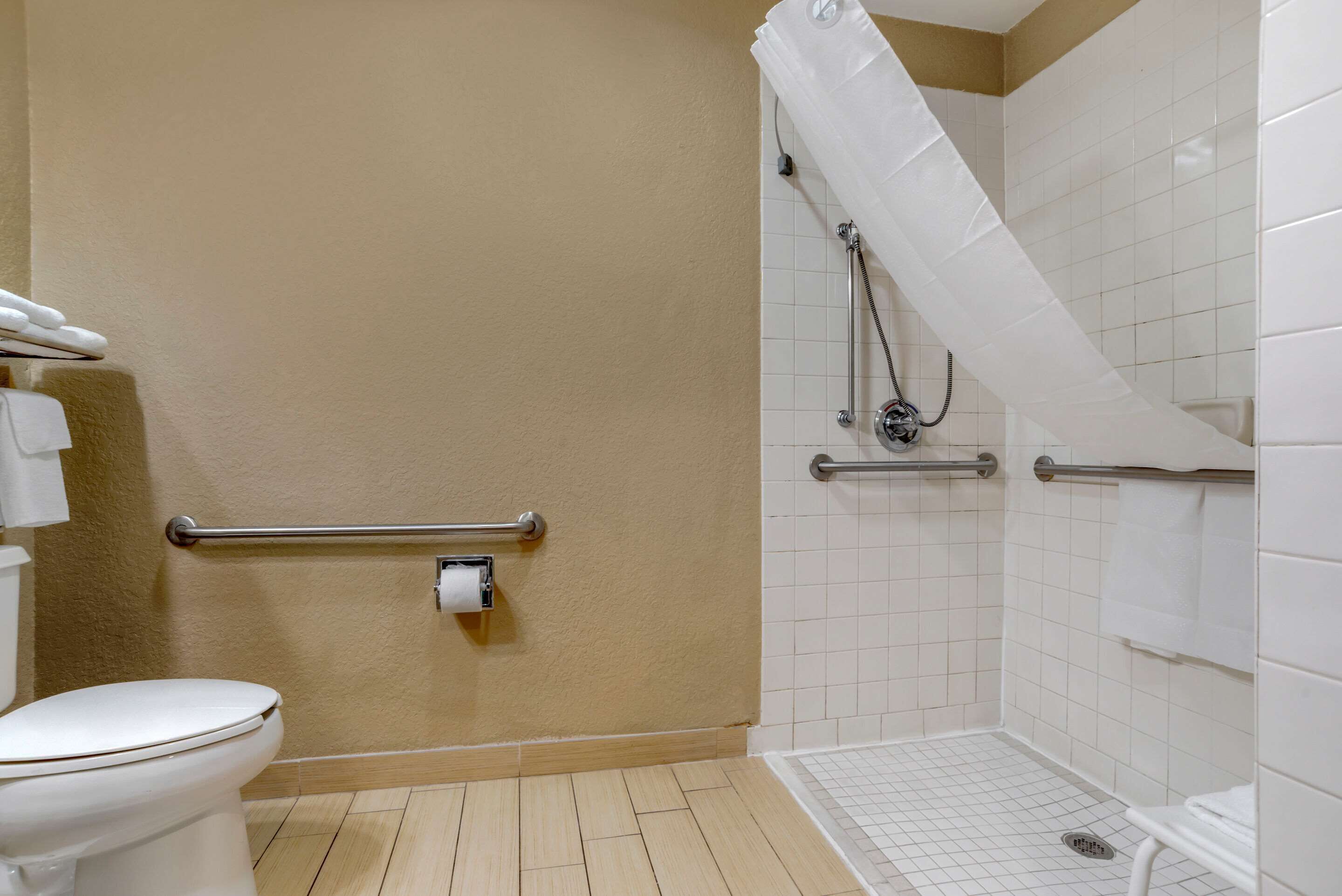 A bathroom with a toilet, a shower with a white curtain, a grab bar, and a roll of toilet paper on the wall.