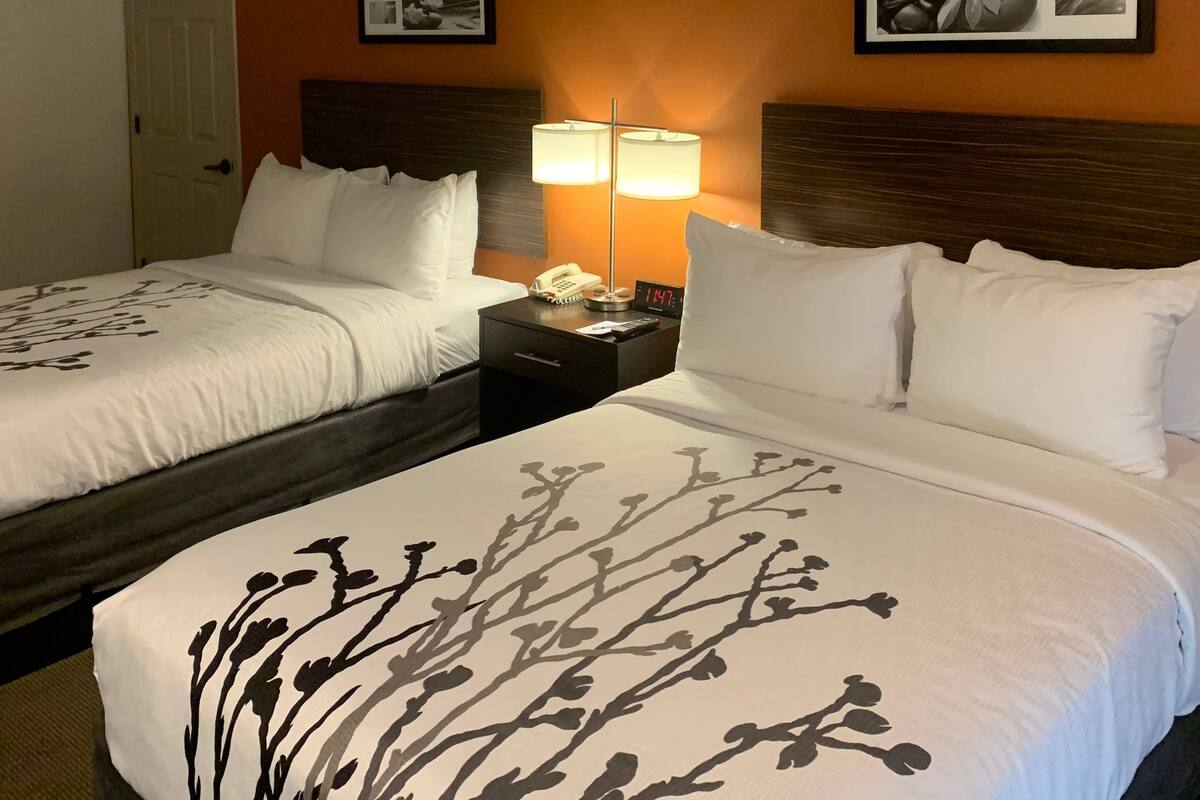 A hotel room with two beds, a nightstand with a lamp, and framed pictures on the wall.