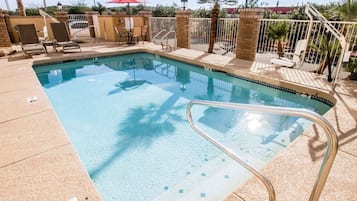 Outdoor pool, open 9:30 AM to 9:30 PM, pool umbrellas, sun loungers