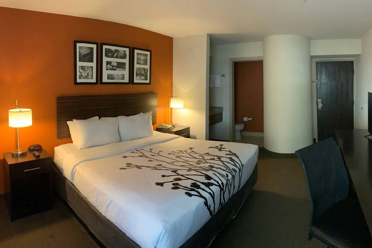A hotel room with a bed, bedside lamps, a desk, and a chair.
