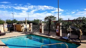 Outdoor pool, open 9:30 AM to 9:30 PM, pool umbrellas, sun loungers