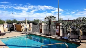 Outdoor pool, open 9:30 AM to 9:30 PM, pool umbrellas, sun loungers
