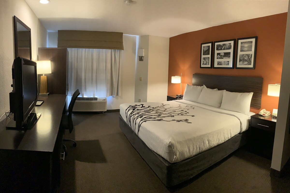 Ein Hotelzimmer mit Bett, Schreibtisch mit Fernseher, Lampe und Telefon auf dem Nachttisch.