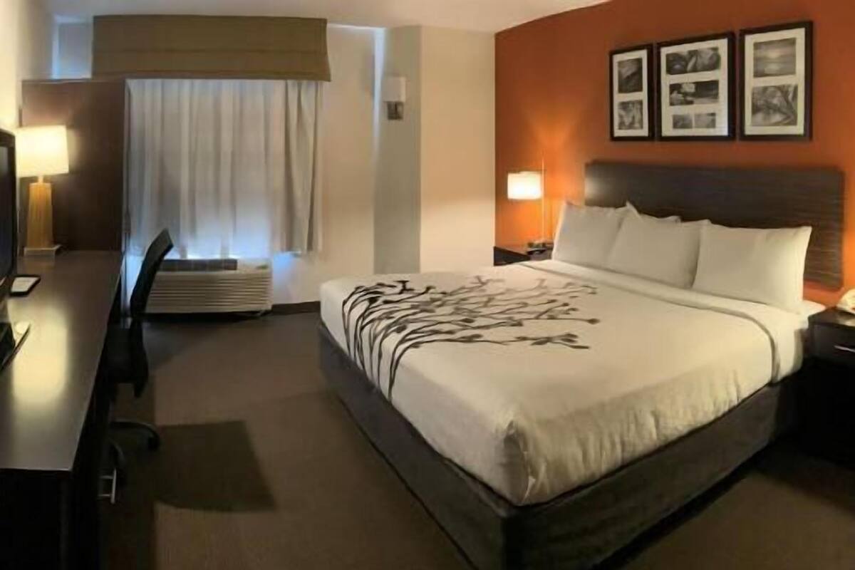 A hotel room with a bed, a desk, a chair, a lamp, and a window with curtains.