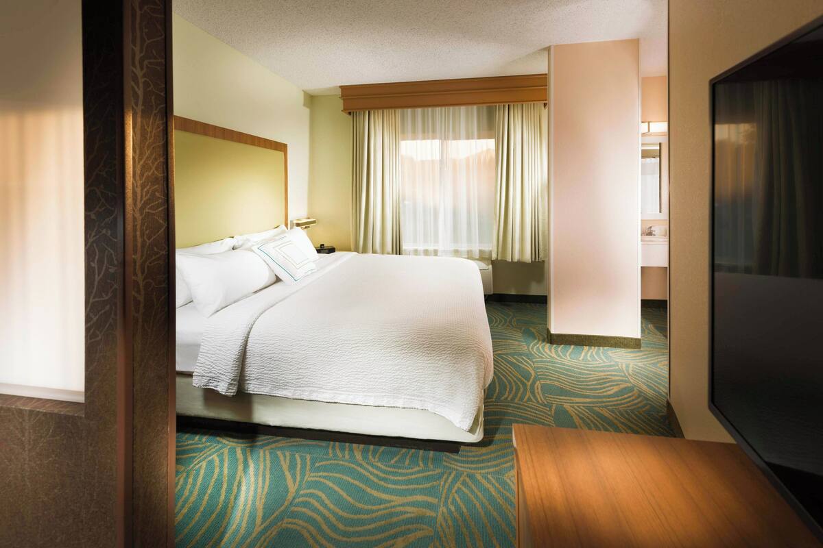 Habitación de hotel con una cama grande, televisión, baño y vista al exterior.