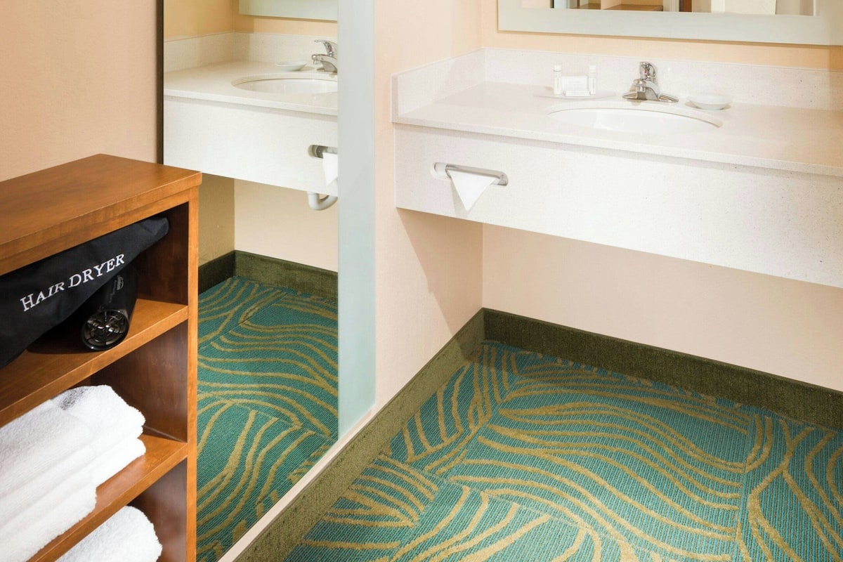 combined shower/bathtub, free toiletries, hair dryer, towels