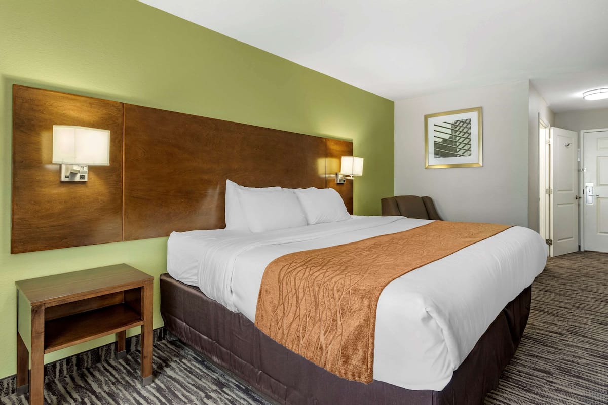 Une chambre d’hôtel avec un grand lit, une table de chevet, une chaise et une porte.