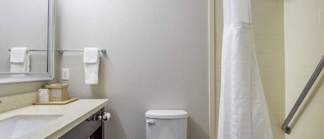 A bathroom with a toilet, sink, and mirror.