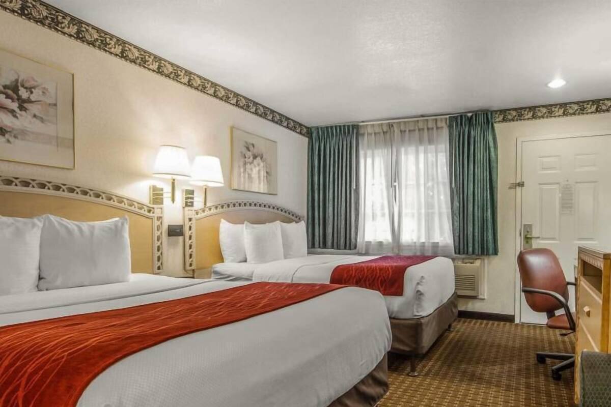 Une chambre d’hôtel avec deux lits, un bureau, une chaise et une fenêtre avec des rideaux.