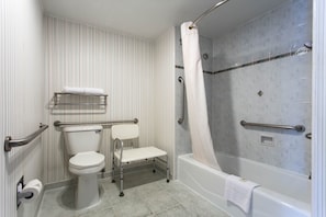 Combined shower/bathtub, free toiletries, hair dryer, towels