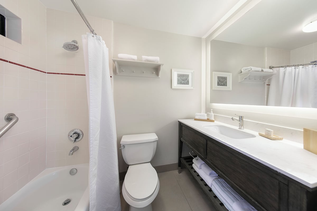 combined shower/bathtub, eco-friendly toiletries, hair dryer, towels