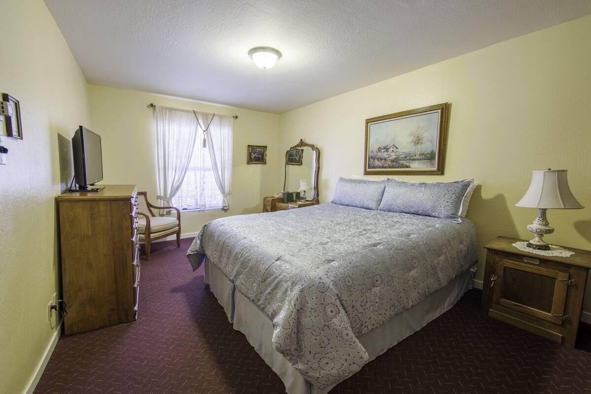 A bedroom with a large bed, a television, a chair, a nightstand with a lamp, and a painting on the wall.